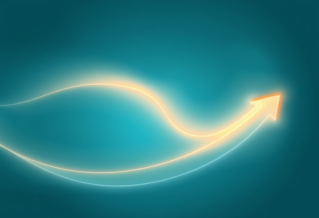 Ethereal light arrows trace a winding path through glowing gradients symbolizing logical puzzle solving flow