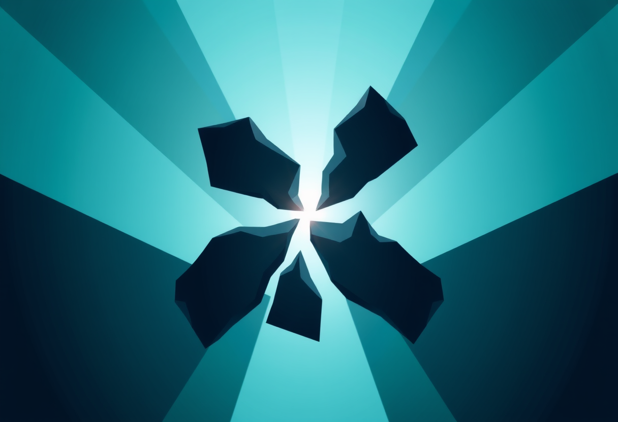 Fragmented geometric shards suspended in darkness with intersecting light beams symbolizing unsolvable conflict.