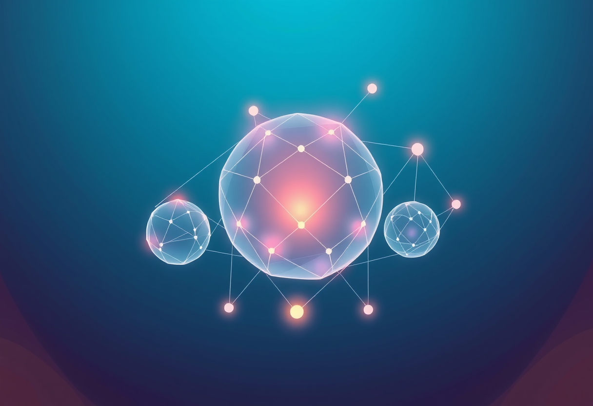 Glowing interconnected geometric spheres in indigo and amber symbolizing global unity and serene harmony.