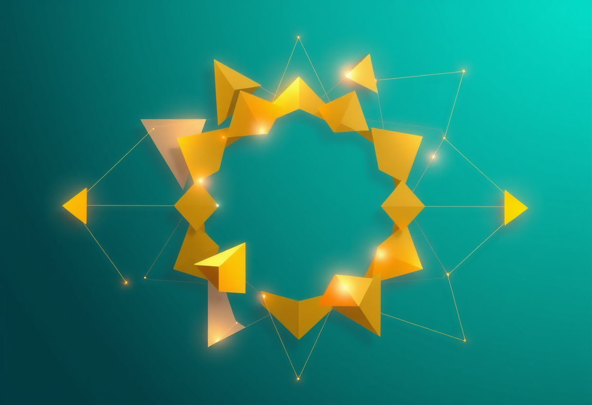 Abstract golden geometric fragments merging into a luminous structure against an indigo background representing spatial logic.