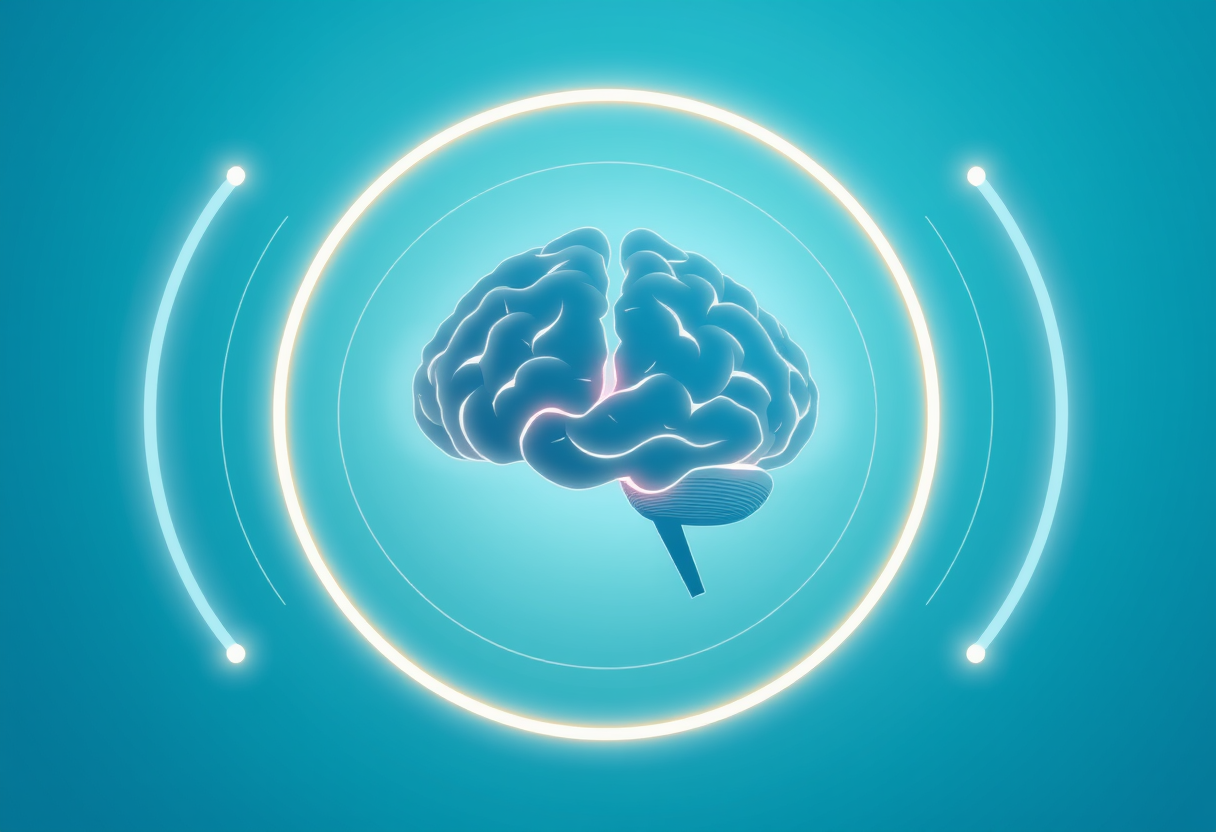 Fractured brain silhouette with glowing notifications dissolving into blue gradients for mental clarity