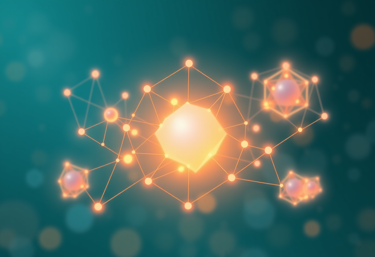Interconnected amber and blue geometric nodes glowing with ethereal light for digital connectivity illustration.