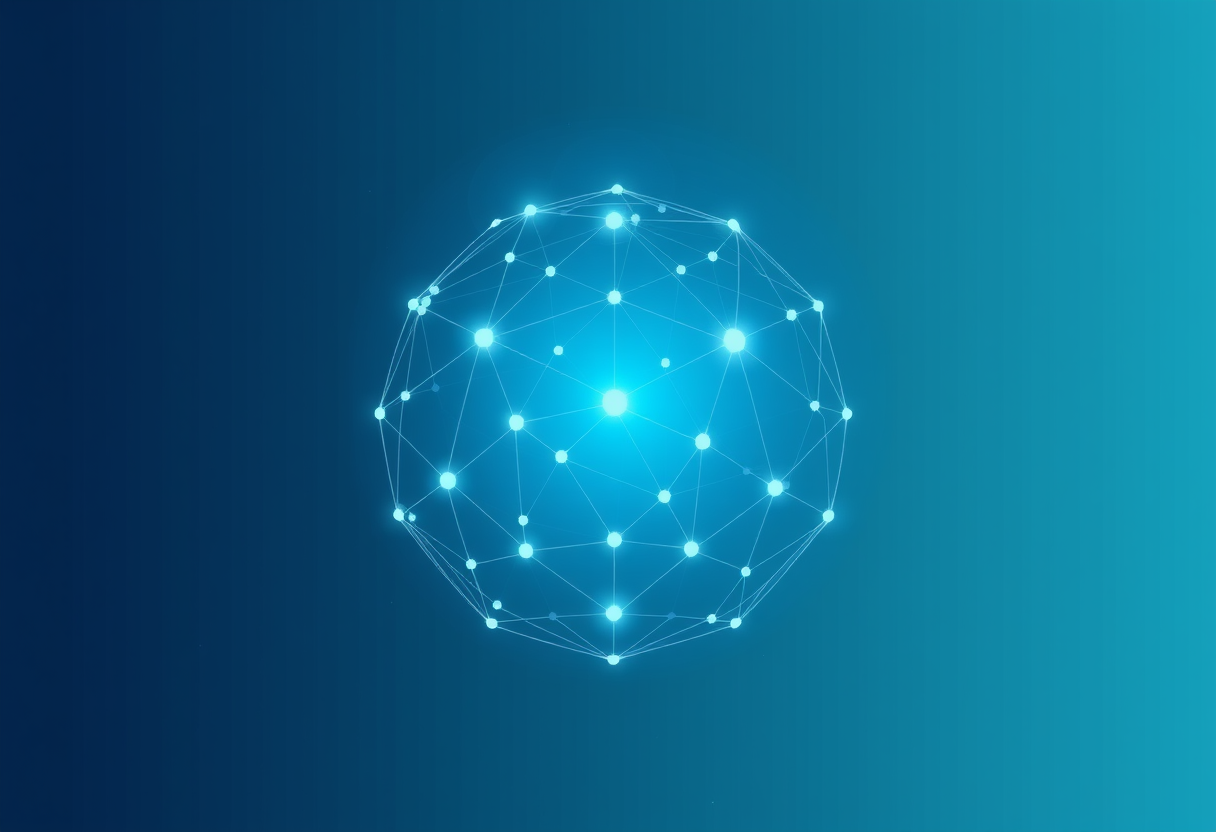 Glowing abstract sphere of connected nodes symbolizing global connectivity and ethical digital harmony through soft blue gradients.