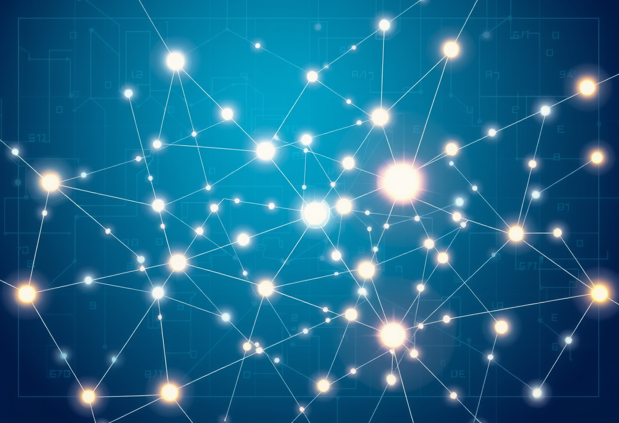 Glowing neural nodes interwoven with geometric constraints on a dark blue background.