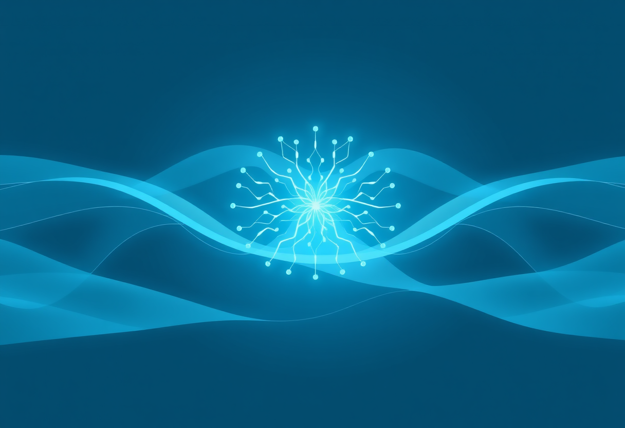Soft blue geometric waves form a glowing neural core symbolizing complex algorithms weaving logic into an elegant digital puzzle.