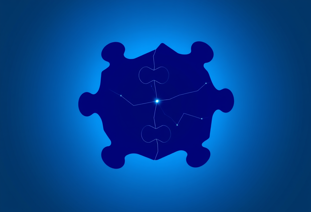 Abstract geometric puzzle pieces glowing in deep indigo against a soft gradient symbolize complex logical symmetry and intricate neural connections.