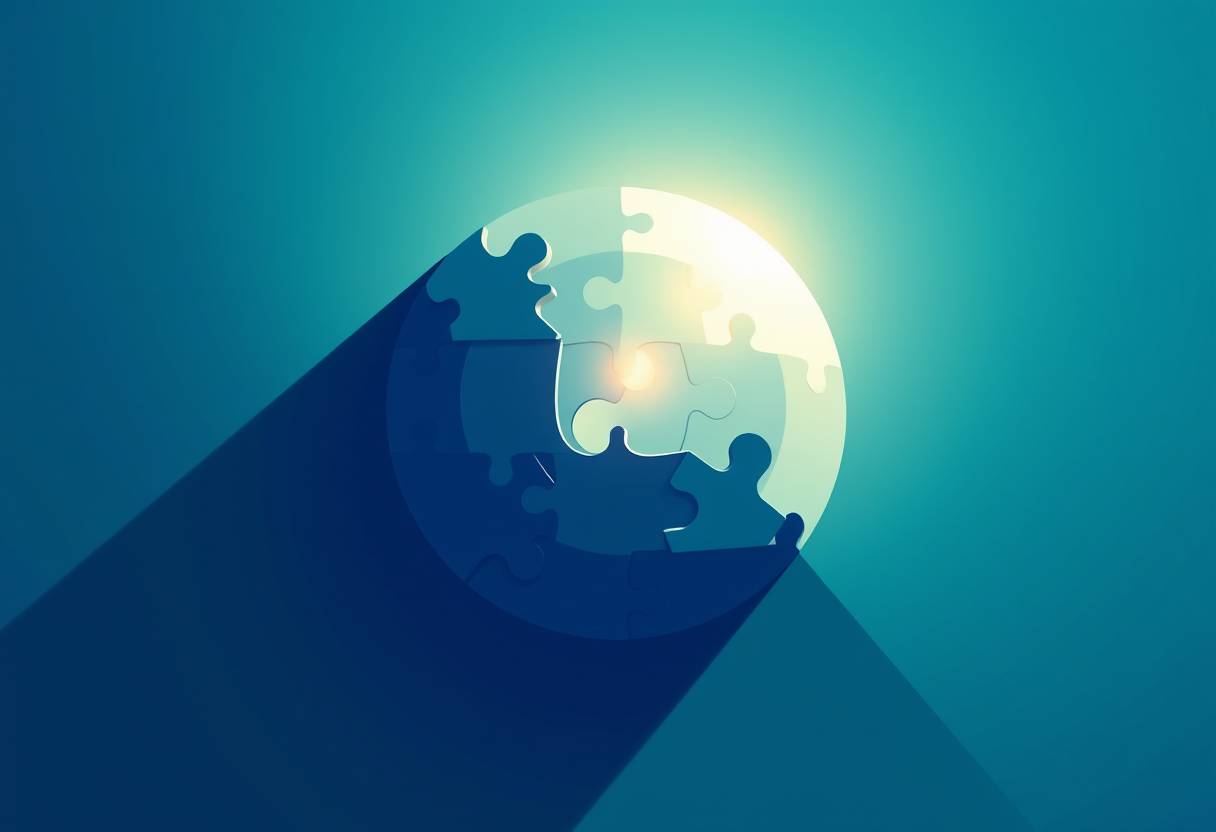 Abstract puzzle pieces forming a glowing sphere to represent global unity and logical harmony.