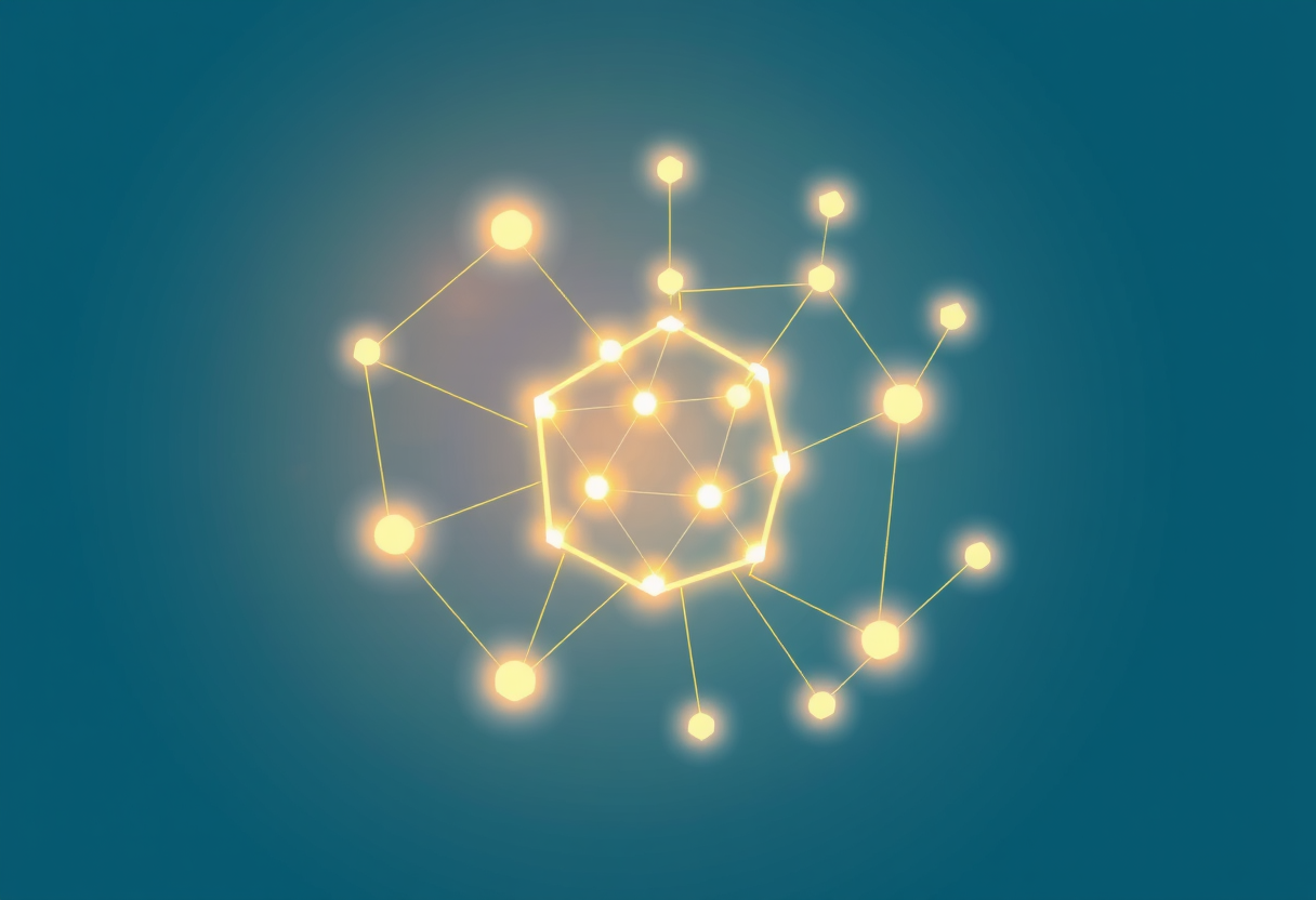 Warm geometric shapes intertwined with glowing lines representing senior friendship and cognitive vitality.