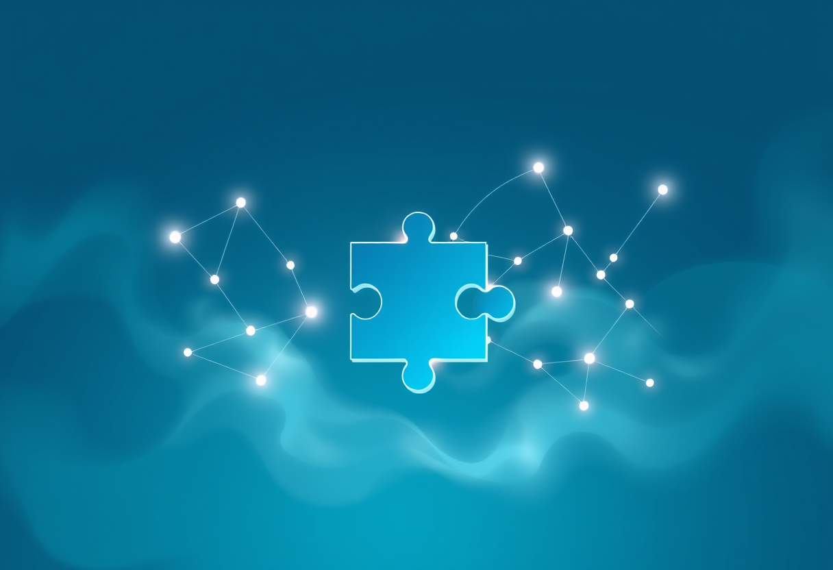 Abstract geometric puzzle pieces connect via glowing neural lines on a calm blue background representing logic