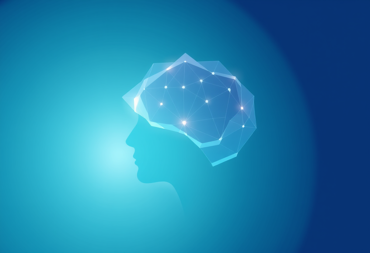 Soft glowing geometric shapes dissolve into a serene mind silhouette symbolizing mental clarity.