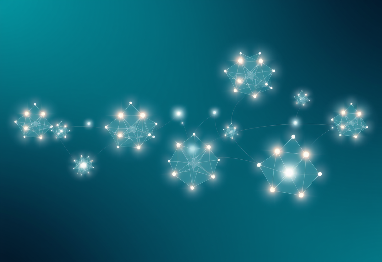 Abstract illustration of glowing geometric light clusters floating in deep space to symbolize infinite possibilities and elegant symmetry.