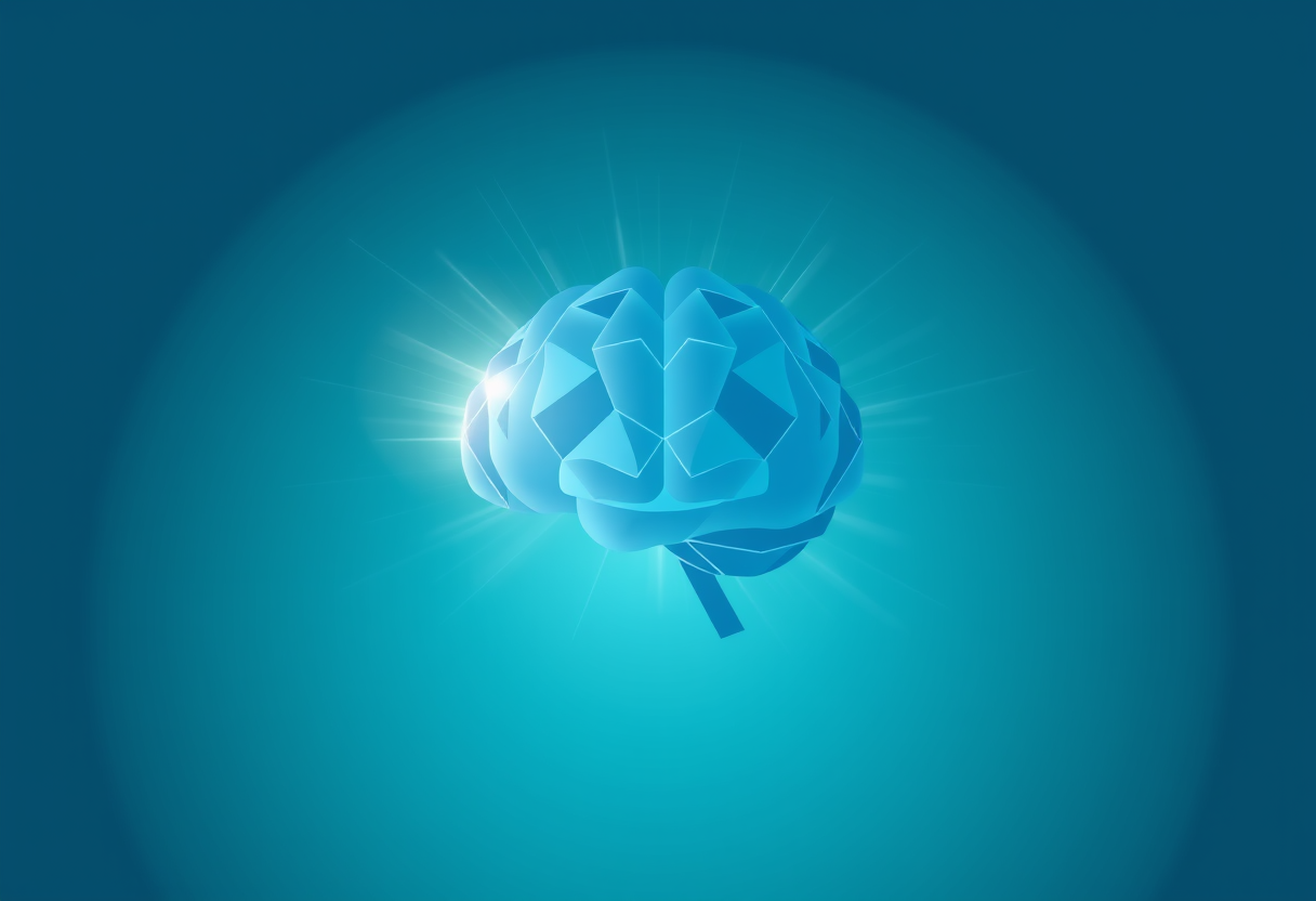 Ethereal light beams converge on a geometric brain shape representing deep cognitive focus and psychological clarity