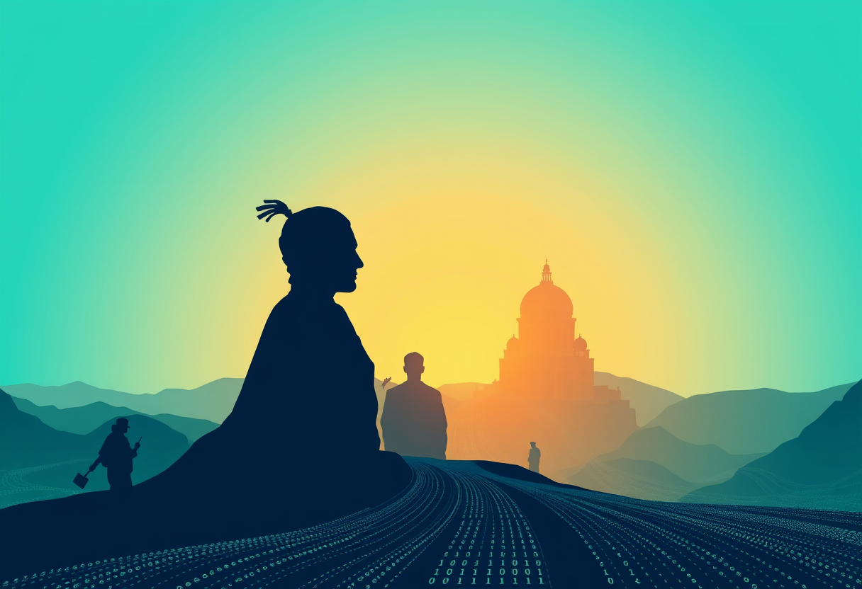Timeless historical silhouettes merge with glowing binary code symbolizing intellectual discovery.