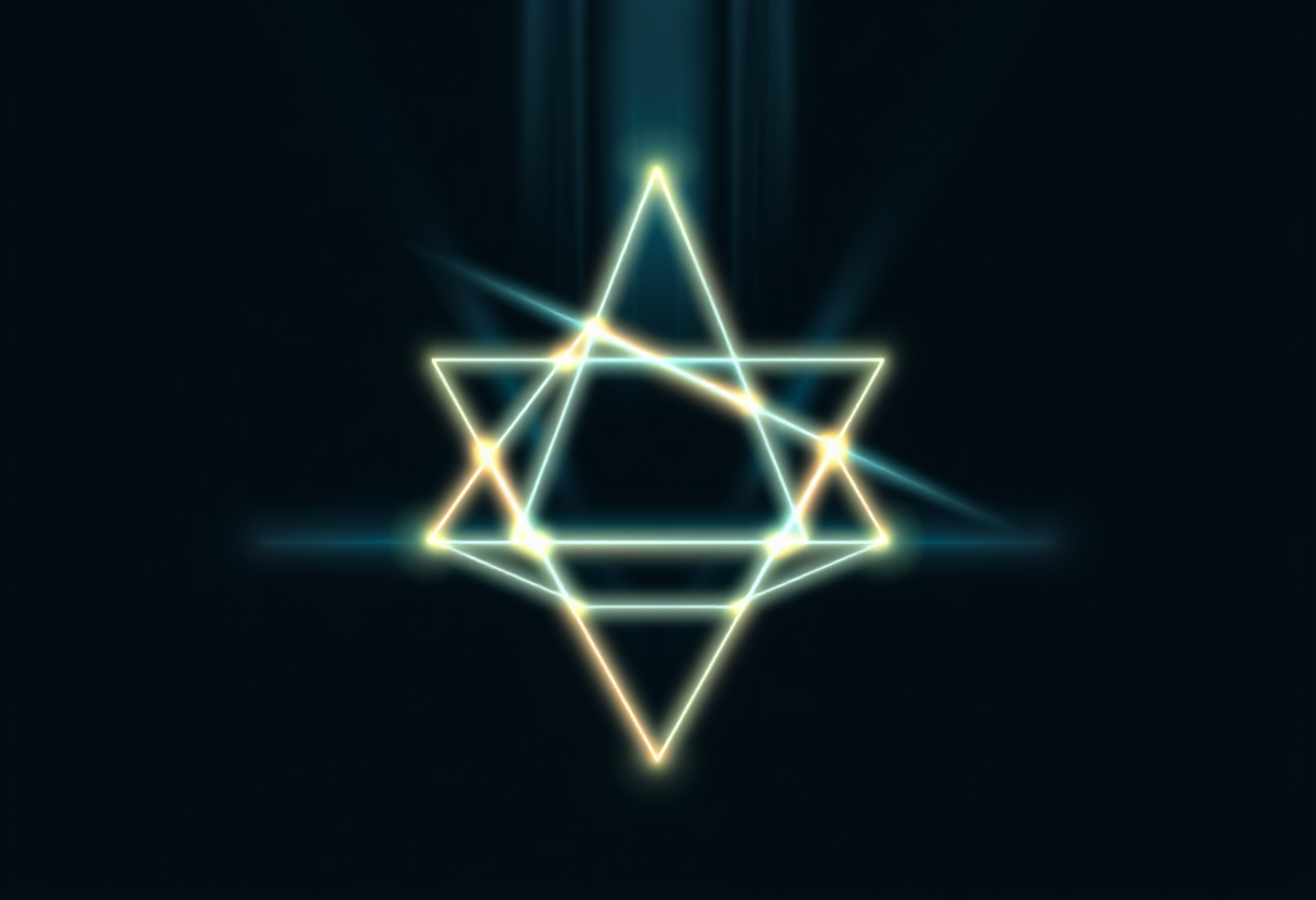 Abstract glowing geometric shapes intersect in a dark void symbolizing complex logic and mental precision.