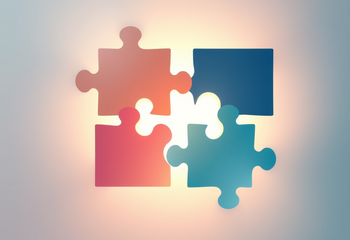 Soft glowing geometric puzzle pieces interlock, symbolizing collaboration and intellectual synergy through harmonious abstract composition and warm ambient light.