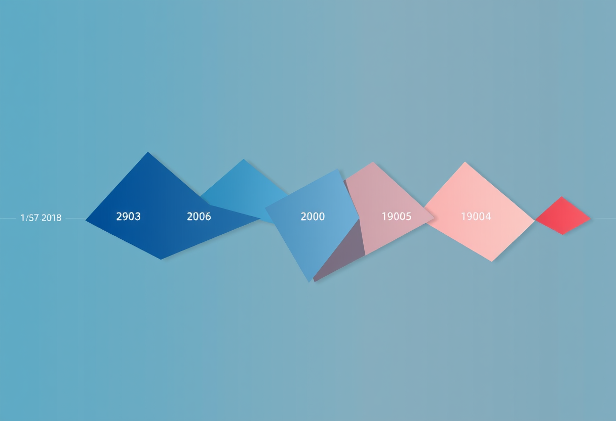 Abstract geometric shapes flow along a timeline evolving from cool historical blues to vibrant modern gradients.