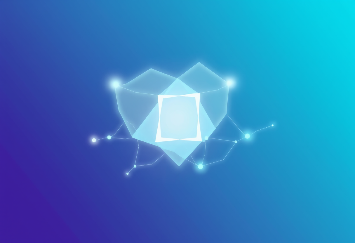 Soft glowing geometric shapes interlocking like neural pathways against a serene blue and purple gradient background symbolizing mental clarity and cognitive strength.
