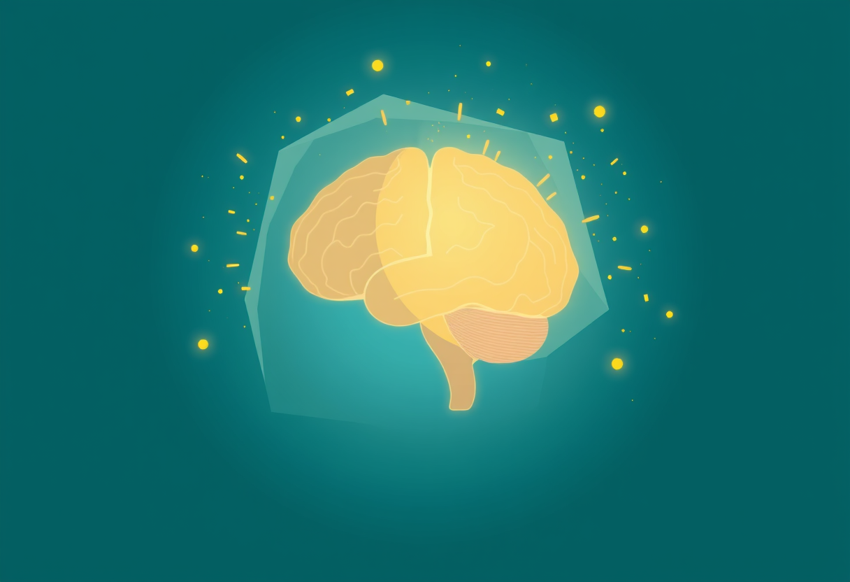 Soft geometric shapes form a glowing brain with golden particles symbolizing logical thought.