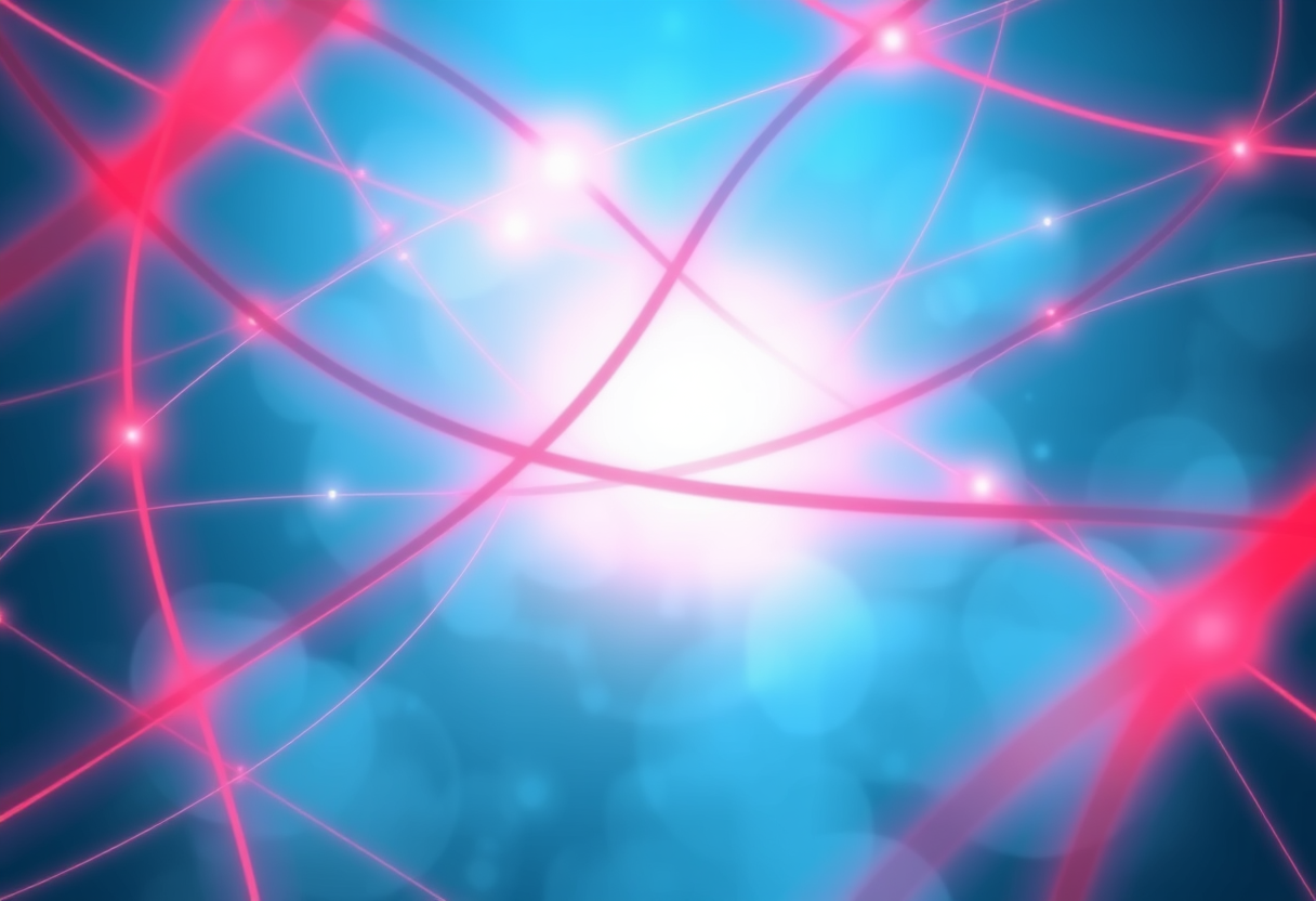 Abstract network of red and blue light threads revealing a radiant center of pure white clarity.